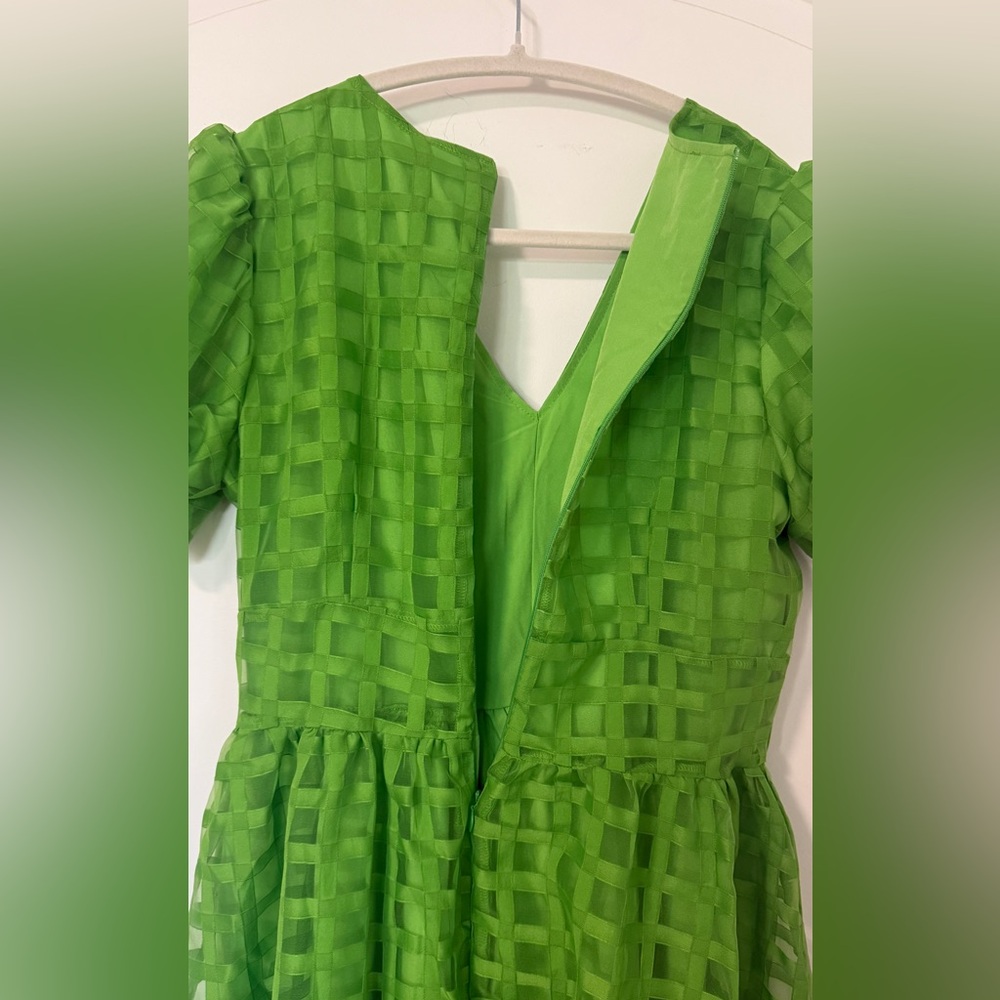 Green Organza Grid Dress Puff Sleeve V-Neck Size M - Picture 5 of 7